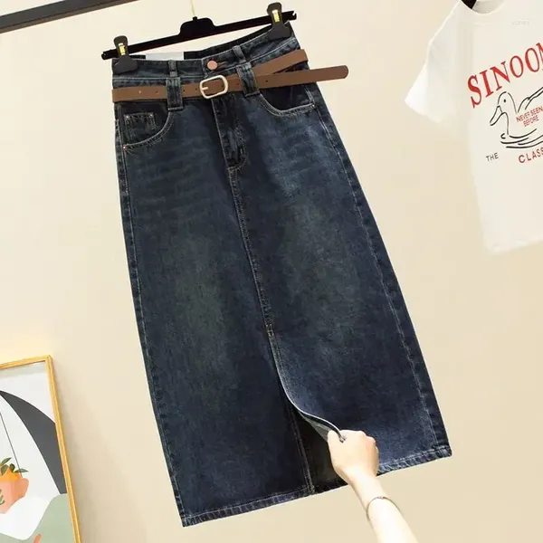 Jupes en denim féminin jupes split-split à taille haute occasionnelle paquet de hanche midi a-ligne femelle 2024 jupe de streetwear de mode d'été f93