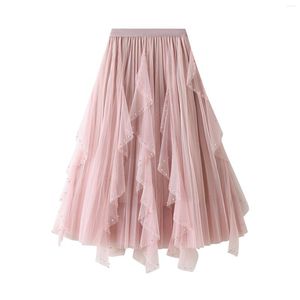 Faldas Mujer Elegante Cuentas Tul Tutu Falda Midi 2024 Moda Color Sólido Banda Elástica Volantes Recorte Escalonado Fluido Una Línea