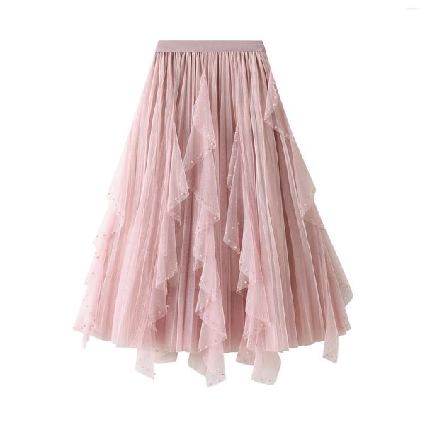 Jupes femmes élégantes perles Tulle Tutu jupe Midi 2024 mode couleur unie bande élastique à volants garniture à plusieurs niveaux fluide a-ligne