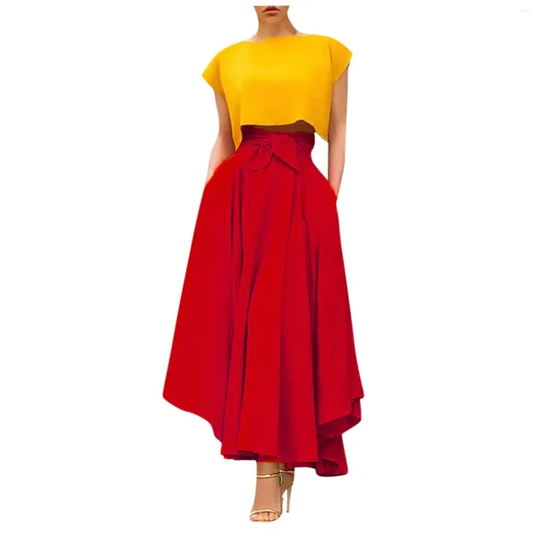 Jupes femmes taille haute demi-jupe plissée longue évasée grand ourlet robe de vacances couleur unie Faldas