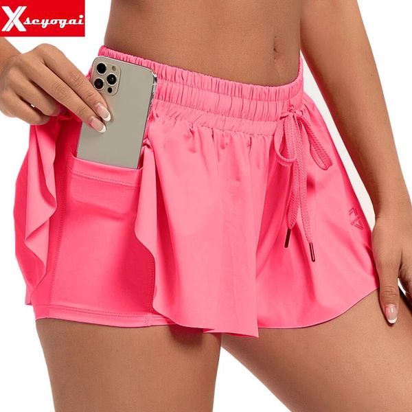 Jupes femmes taille haute extensible entraînement athlétique actif Fiess short de volley-ball 2 en 1 course Double couche short de sport