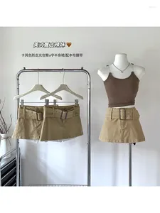 Jupes féminines kaki a-line mini jupe vintage y2k avec ceinture harajuku coréen mode emo 2000s vêtements trash 2024