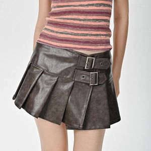 Jupes Jupe en cuir pour femmes Mode 2024 Y2K Coréen Taille basse Mini Longueur au genou Femme Sexy Plissée Marron Foncé Noir