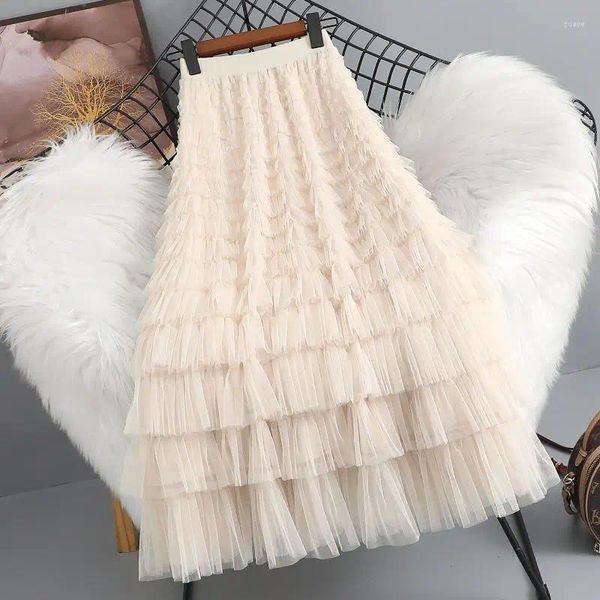 Jupes femmes longue une ligne Tulle Tutu jupe à plusieurs niveaux jupon femmes a-ligne élastique taille haute en couches