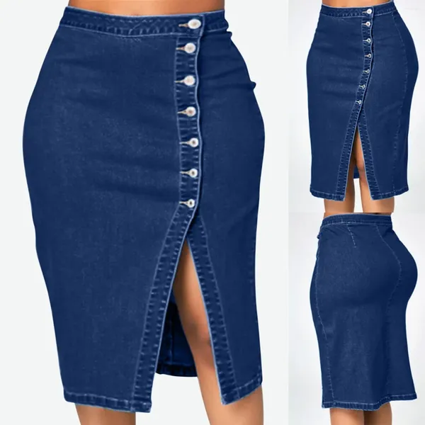 Faldas Falda larga de mezclilla para mujer verano 2023 Vintage pantalones vaqueros de cintura alta botón femenino recto A-line lápiz Color sólido