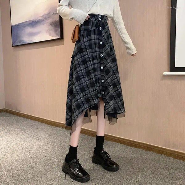 Jupes pour femmes Preppy Style haute taille A-Line Plaid jupe mode automne vêtements féminins bouton de maillage chic épissé Midi irrégulier