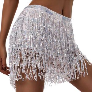 Jupes Ventre sexy pour femmes bord de sequins avec ceinture réglable minijupe adaptée à la danse performance carnaval fête P230529