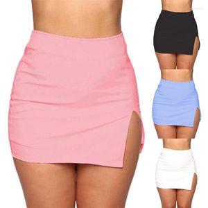 Jupes Femme Couleur unie Court Taille haute Fente sur le côté Moulante Mini