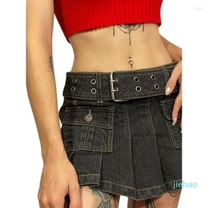 Rokken Dames Lente Zomer Y2K Esthetiek Lage Taille Mini Denim Rok Effen Kleur Geplooid Multi-pocket Met Riem Club Wear