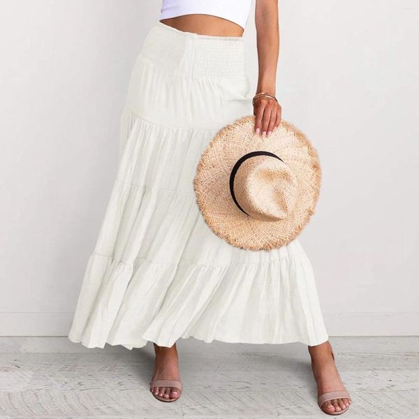 Jupes femmes été élastique taille haute bohème Maxi jupe Vintage décontracté cordon une ligne longue plage Style plissé 2024