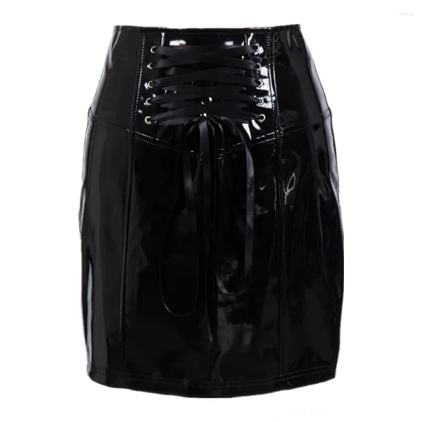 Faldas Mujer Moda de verano Zip PVC Cuero sintético Lápiz Mini falda con cordones Negro Brillante Látex Aspecto mojado Sexy Clubwear
