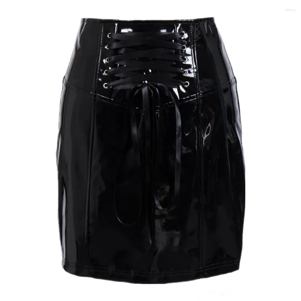 Jupes Femmes Été Mode Zip PVC Faux Cuir Crayon Mini Jupe À Lacets Noir Brillant Latex Wet Look Sexy Clubwear