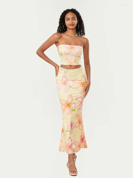 Faldas Conjunto de 2 piezas con estampado floral de verano para mujer Tops de tubo cortos y conjunto largo ajustado Ropa de playa