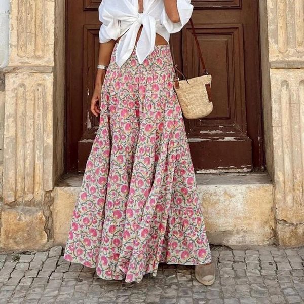 Faldas Mujer Verano Dulce Rosa Bohemio Estampado Floral Largo Señoras Elástico Cintura Alta Boho Maxi Falda Casual Cordón