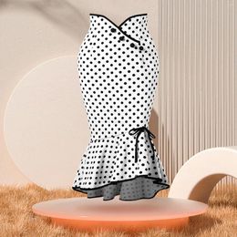 Rokken Dames Vinatge Polka Dot Gedrukt Lange Fishtail Rok Mode Onregelmatige Zoom Ruches Bodycon Casual Skinny