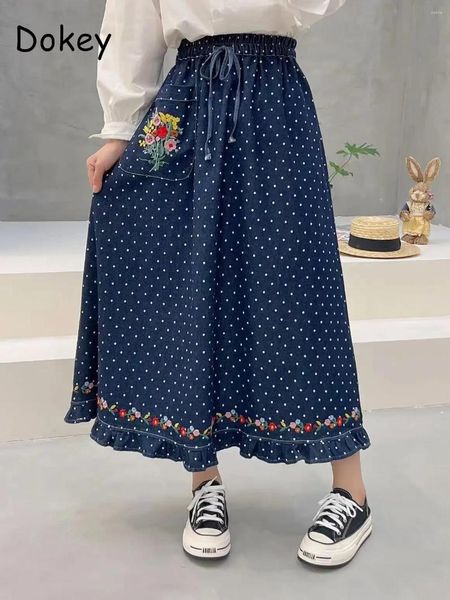 Faldas de mujer Vintage Floral bordado punto Denim Falda japonesa Mori chica cordón plisado largo femenino Casual Midi