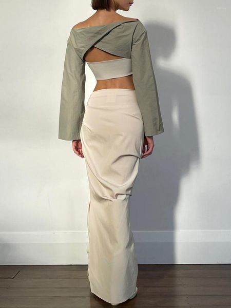 Jupes femmes Vintage froncé jupe longue couleur unie taille haute rétro côté fendu fermeture éclair moulante plissé Y2K 90s Streetwear