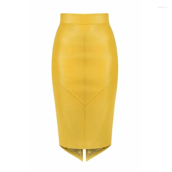 Faldas Mujer Amarillo Puro Ropa De Fiesta Falda Elegante Suave Piel De Cordero Genuina