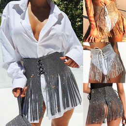Jupes femmes paillettes gland métal mini jupe portefeuille festival fête club plage bikini frange taille haute femmes une ligne