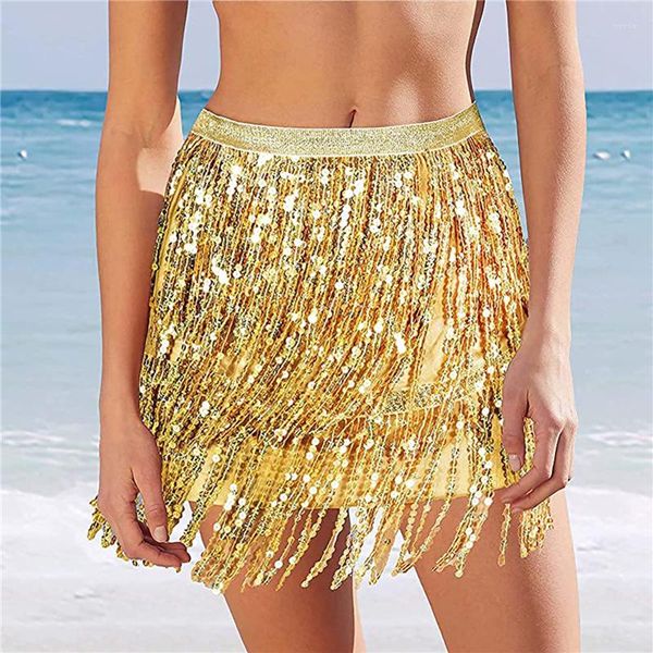 Jupes Femmes Paillettes Fringe Jupe Glitters Taille Élastique Minijupe Mini Pour Dance Rave Party