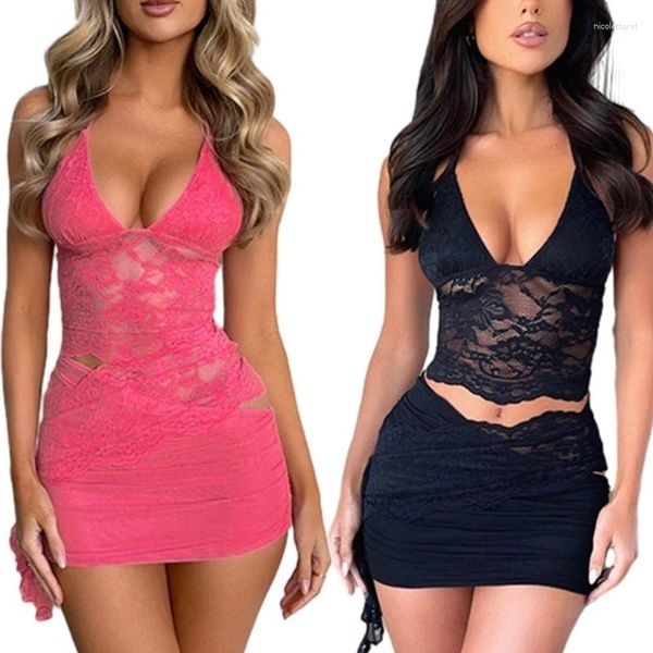 Faldas de mujer Sexy 2 piezas de encaje traje de retazos Halter con cuello en V malla transparente Top corto tipo camisola y cruces fruncido Mini conjunto de falda ceñida