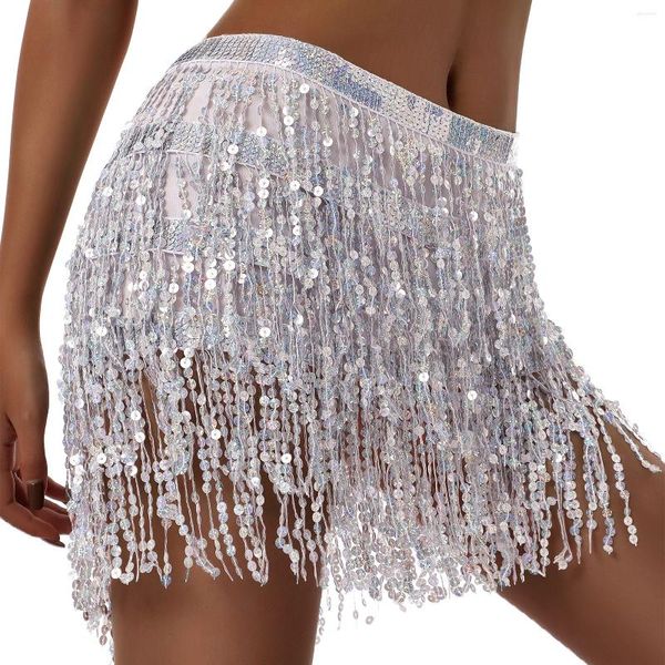 Jupes femmes Sexy jupe de ventre paillettes frange mini-jupe avec bretelles de taille réglables Mini pour la danse Performance Rave Party