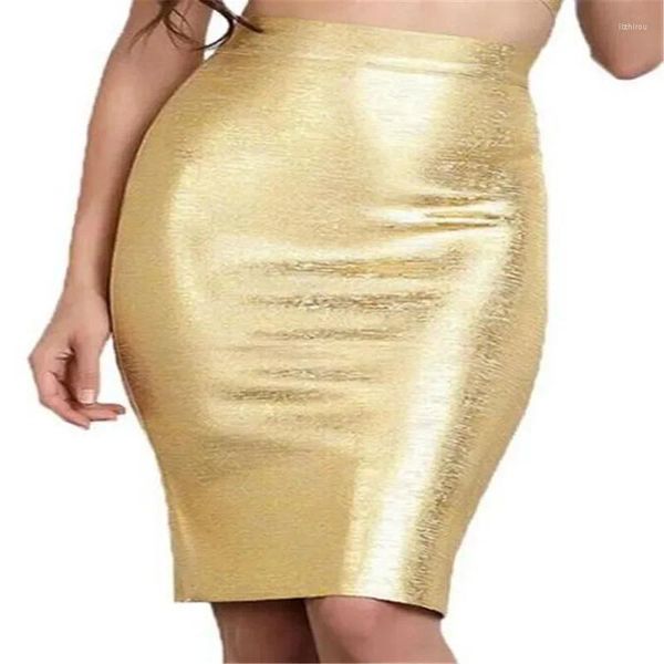 Faldas mujeres sexy oro plata vendaje High Street Celebrity tejido diseñador bodycon midi lápiz 78 cm