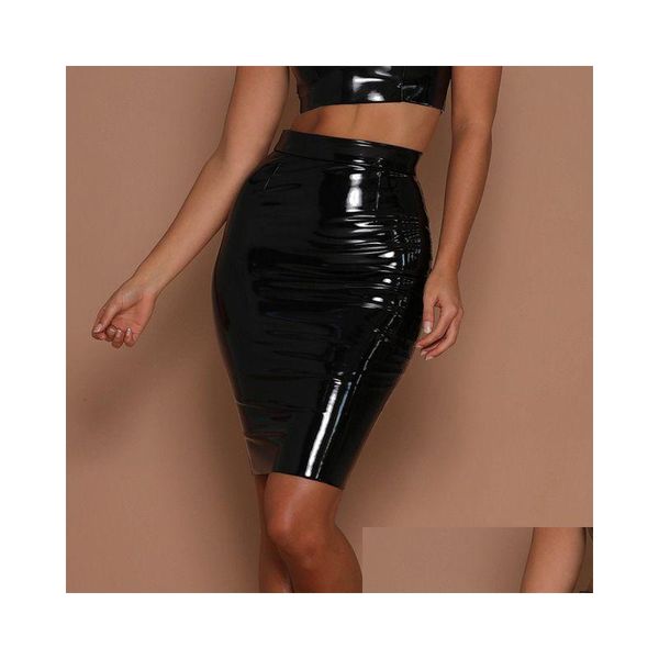 Jupes Femmes Sexy Mini Élégant Moulante Latex Jupe Taille Haute Crayon Pu En Cuir Verni Noir Bureau Court Femme Y200326 Drop Delive Dhvn6