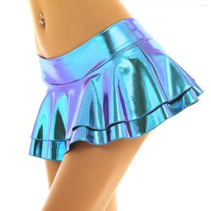 Rokken vrouwen glanzende pu lederen lage stijging dubbel gelaagde gegolfde super mini rok voor paal dans lingerie rave rave fancy erotische kostuums