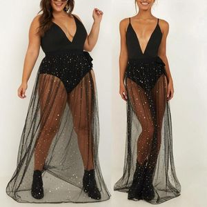 Jupes Femmes Paillettes Brillantes Sexy Maillot De Bain Bikini Couvrir Été Wrap Maxi Jupe Longue Maille Transparente Fente Latérale Bandage Plage Sarong