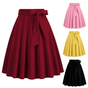 Skirts Women Skirt Belted Tight Waist Bow Decor A-line Big Swing Solid Color High Soft Ruffle Summer Dating Party Midi