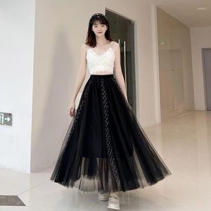 Rokken Vrouwen Rok Heldere Zijde Mesh Puffy A-lijn Hoge Taille Elegante Midi Tulle Party Wit Zwart Beige Roze mujer Faldas