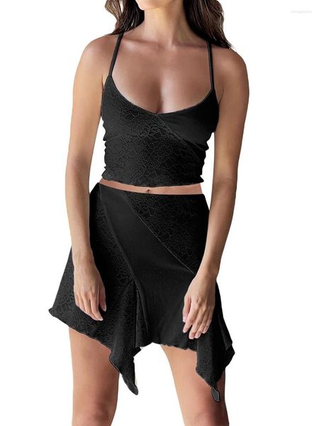 Jupes Femmes Jupe Casual Slim Fit Set Dentelle Patchwork Bretelles Spaghetti Camisole Avec Ourlet Irrégulier Mini Sexy Pour Party Club