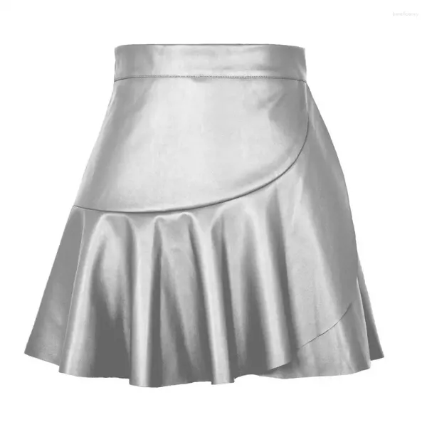 Jupes Femmes Jupe haute glissière Mini culottes Sexy Ruffle Hem pour couleur solide en cuir artificiel fête de nuit fausse