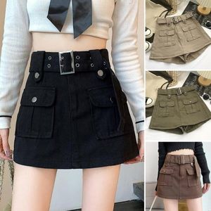 Rokken Damesrok Koreaanse stijl Hoge taille Mini met riem Grote zak Cargoshorts Conservatieve anti-blootstelling