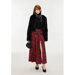 Jupes femmes jupe modèle longue boucle plissée sexy ceinture portefeuille fente rétro style de rue rouge plaid a-ligne printemps