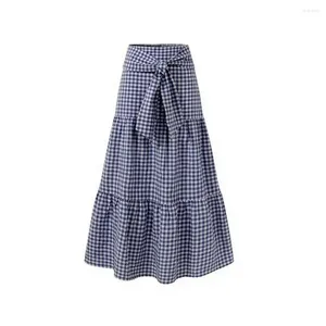 Jupes femmes jupe Plaid imprimé a-ligne grande balançoire Patchwork taille haute élastique à lacets plissé pleine longueur longue