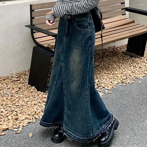 Jupes femmes jupe rétro denim A-line maxi avec des poches de taille haute et la clôture de bouton de couleur solide de longueur de cheville