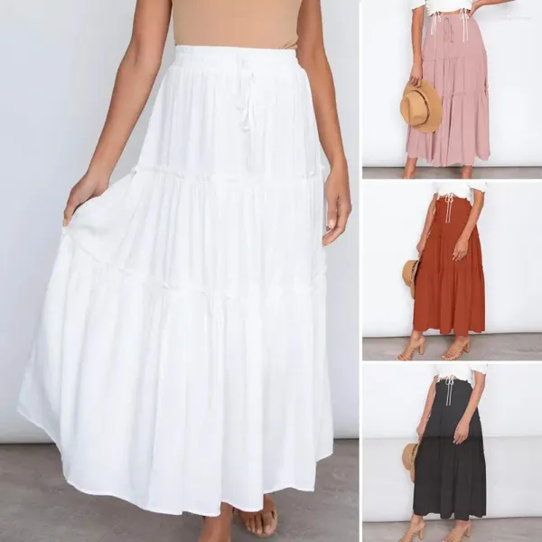 Faldas Mujer Falda Color Sólido Diseño Plisado Dobladillo Grande Elástico Cintura Alta Moda De Calle Estilo Boho Una Línea Volantes Swing Playa Maxi F