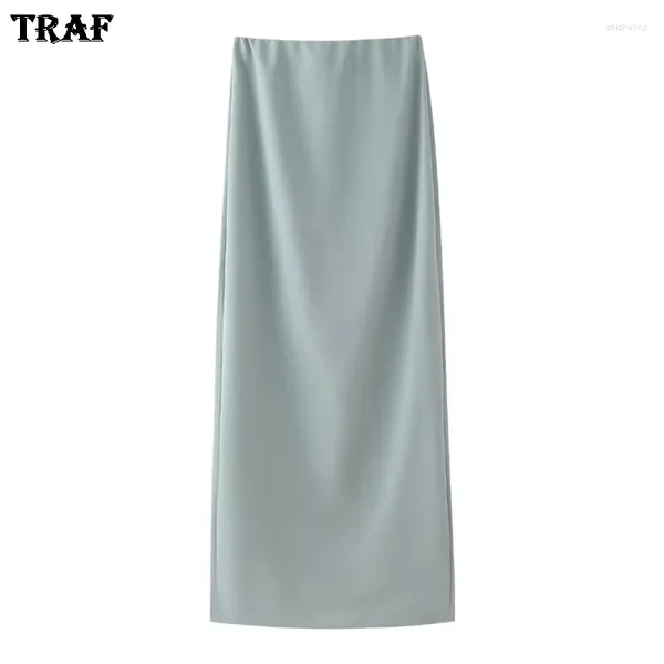 Faldas mujeres elastic elastic midi falda 2024 primavera verano simplicidad cintura tubo recto sexy sólido división