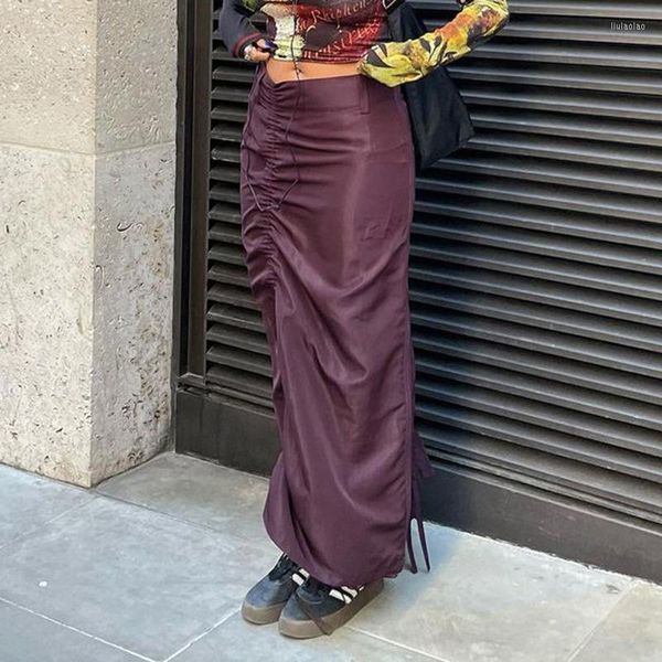 Jupes femmes couleur unie Style Vintage taille haute cordon décontracté fête été jupe longue 2022 Streetwear S-M-L-XL