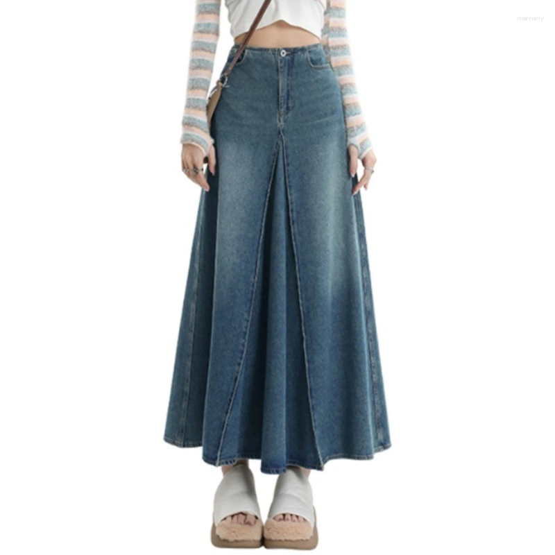 Skirts Women Spring Summer Vintage Denim Skirt Fashion Patchwork Design High Waist Washed Simplicity Basic Long