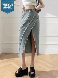 Rokken vrouwen zomer asymmetrische hoge split midden kalf lange denim rok vintage kwastjes slanke fit vrouwelijke casual streetwear