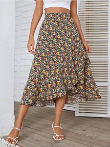 Rokken Vrouwen Zomer Strand Split Zoom Asymmetrische Vrouwelijke Bohemian Bloemenprint Ruches Rok Mode Midi Elegante Wrap