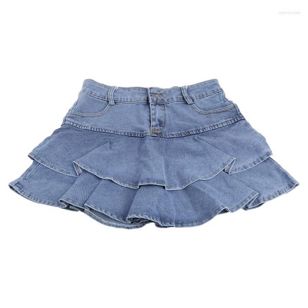 Jupes Femmes Été Taille Haute A-ligne Mini Gâteau Jeans Jupe Vintage Lavé Plissé Volants Couches À Niveaux Décontracté Mince Denim Streetwear