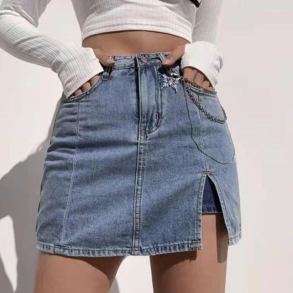 Jupes Femmes Summer High Taies Sexy Sexe Split Denim Mini jupe avec short intérieur Couleur solide A-Line Fared Package Hip