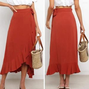 Rokken vrouwen zomer lange rok hoge taille ruches veter omhoog boog-knoop onregelmatige vaste kleur elegante dame midi vrouwelijke kleding