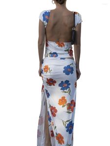 Jupes femmes tenues d'été imprimé fleur manches courtes dos nu T-Shirts hauts fente jupe longue 2 pièces ensemble de vêtements