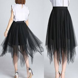 Faldas Mujer Falda De Malla De Tul Elástico Cintura Alta Plisada Irregular Larga Negro Blanco Gris Talla Única
