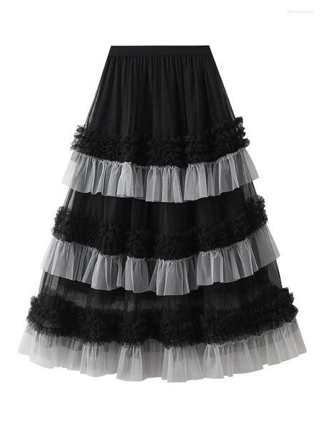 Jupes Femmes Tulle Tutu Jupe Contraste Couleurs Élastique Couches Maille Fée A-ligne Pour Beach Party Streetwear